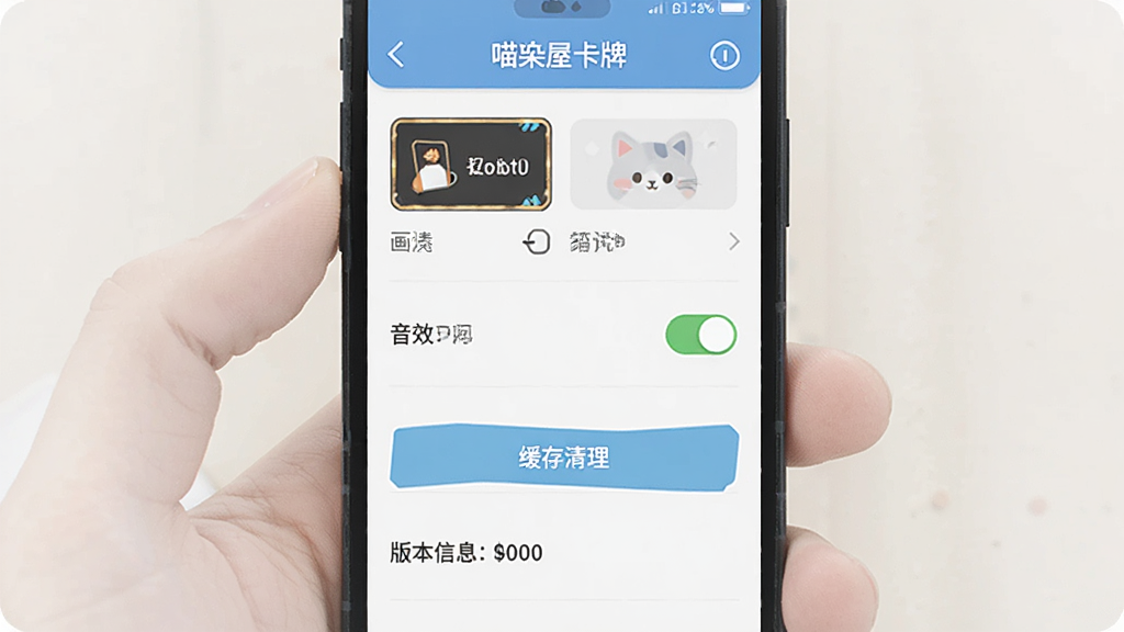 主体为一部手机展示喵屋卡牌的设置界面,布局为纵向列表,排版清晰,风格为简洁移动端UI,细节包含画质选项、音效开关、缓存清理按钮与版本信息,画质清晰,干净,无多余元素
