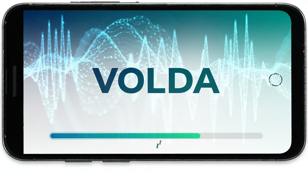 一部安卓手机屏幕上显示着VOLDA下载界面,进度条飞速前进,背景是抽象的网络信号波纹图形,中心位置有醒目的