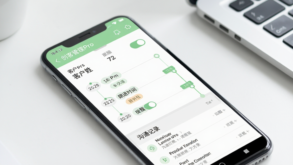 创客管家Pro客户跟进提醒功能界面图,画面展示一部安卓手机,屏幕内为创客管家Pro客户详情页,页面包含客户姓名、跟进时间轴、提醒开关、沟通记录列表,界面配色以白色和浅绿色为主,背景为干净的桌面环境,风格为清新简约移动端UI,细节包含时间轴节点、标签徽章,画质高清,干净,无多余元素