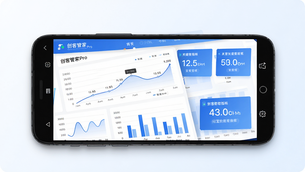 创客管家Pro经营数据概览功能界面图,画面展示一部安卓手机,屏幕内为创客管家Pro数据统计页面,页面包含折线图、柱状图、关键指标数字卡片,配色以蓝色和白色为主,背景为干净的浅色渐变,风格为商务数据可视化UI,细节包含图表刻度、数据标签,画质高清,干净,无多余元素