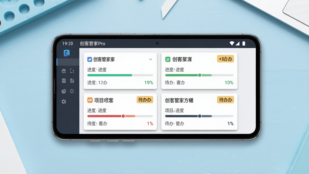 创客管家Pro多项目聚合看板功能展示图,画面主体为一部横向放置的安卓手机,屏幕内展示创客管家Pro的项目看板界面,看板上排列着四张项目卡片,每张卡片包含项目名称、进度条、待办数字标签,背景为淡蓝色工作台桌面,风格为简洁商务扁平化,细节包含卡片阴影、进度条色彩区分,画质高清,干净,无多余元素