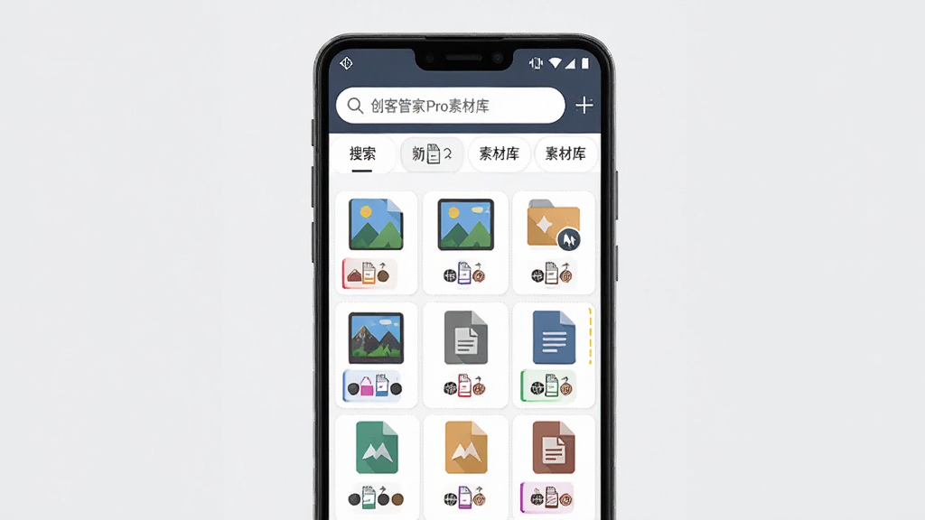 创客管家Pro素材库管理功能展示图,画面主体为一部安卓手机,屏幕内展示创客管家Pro素材库页面,页面以网格形式排列图片和文档图标,顶部有搜索框和标签筛选栏,背景为浅灰色,风格为现代扁平化设计,细节包含文件类型图标、标签色彩区分,画质高清,干净,无多余元素
