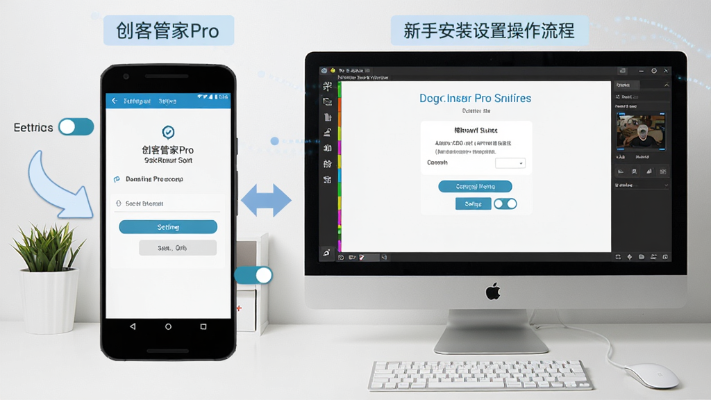 创客管家Pro新手安装设置操作流程图,画面展示一部安卓手机和一部电脑显示器并排摆放,手机屏幕显示创客管家Pro安装权限设置界面,电脑屏幕显示模拟器运行界面,背景为干净的书桌环境,风格为步骤化信息图,细节包含箭头指引、设置开关图标、文字标注框,画质高清,干净,无多余元素