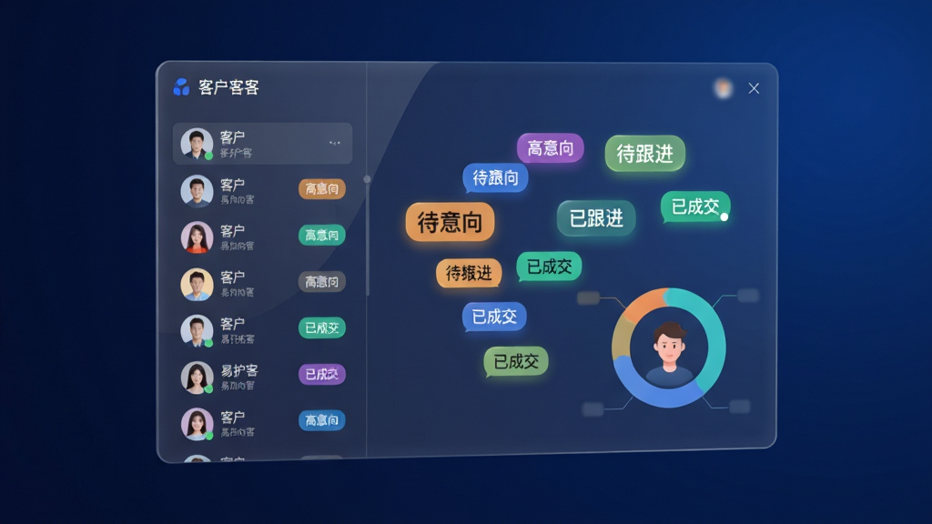 易拓客软件客户画像与标签管理界面的AI概念图,画面主体为一块悬浮的透明数据面板,面板上显示多个客户头像与彩色标签分类,标签包含“高意向”“待跟进”“已成交”等文字,布局采用左右分栏,左侧为客户列表,右侧为标签云与画像环形图,风格为现代简约科技风,细节上标签边缘有柔和光晕,背景为深蓝色渐变,画质高清,干净整洁,无多余元素