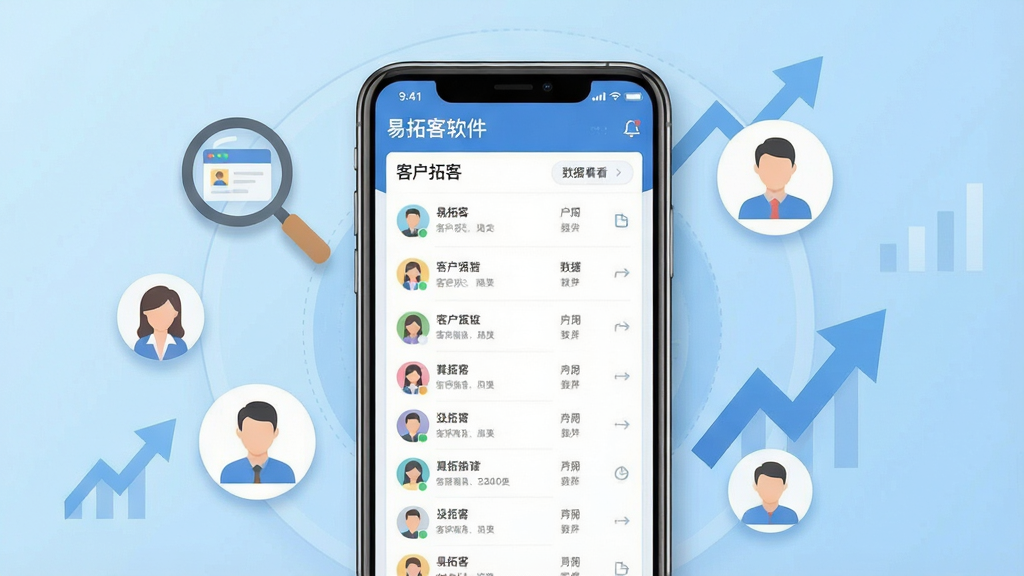 一张展示易拓客软件核心功能的宣传图,画面中央放置一部智能手机,手机屏幕上显示易拓客的客户列表与数据看板界面,背景为浅蓝色渐变,主体周围环绕着放大镜、客户头像图标、图表上升箭头等元素,布局采用居中构图,风格为扁平化科技商务风,细节上手机边框带有轻微阴影,图标圆润简洁,画面干净明亮,画质清晰,无多余杂乱元素