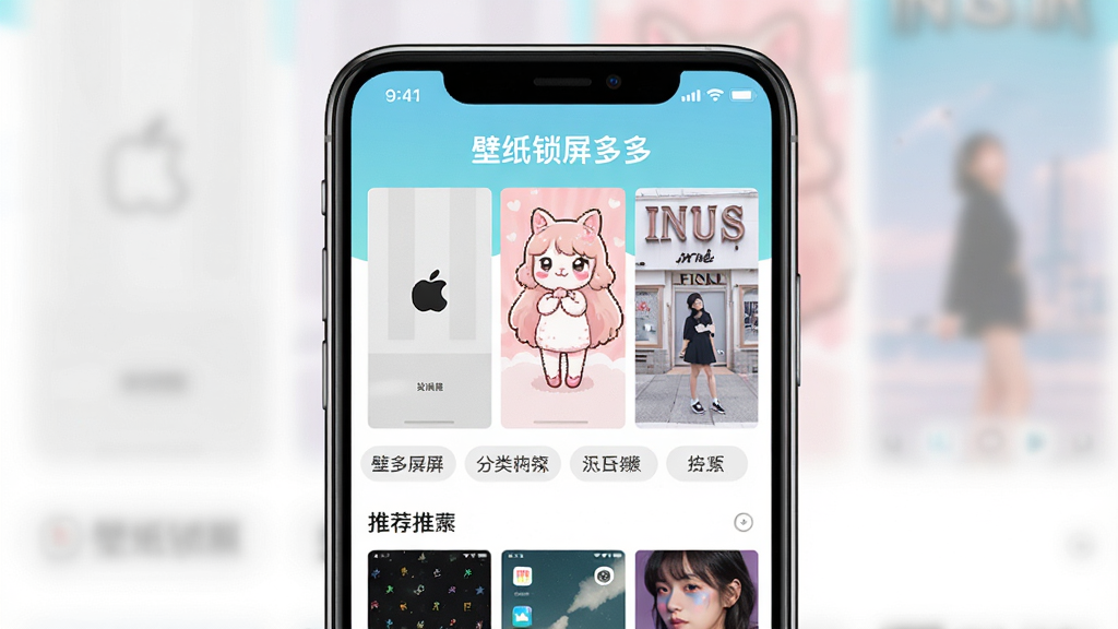 壁纸锁屏多多软件主界面展示,画面中央是手机屏幕预览图,屏幕中显示多张不同风格的壁纸缩略图,包括简约风、可爱风、ins风等,布局为上下结构,上方是软件名称“壁纸锁屏多多”,下方是壁纸分类标签和推荐壁纸展示,整体风格清新明亮,细节丰富,画质清晰,干净无多余元素