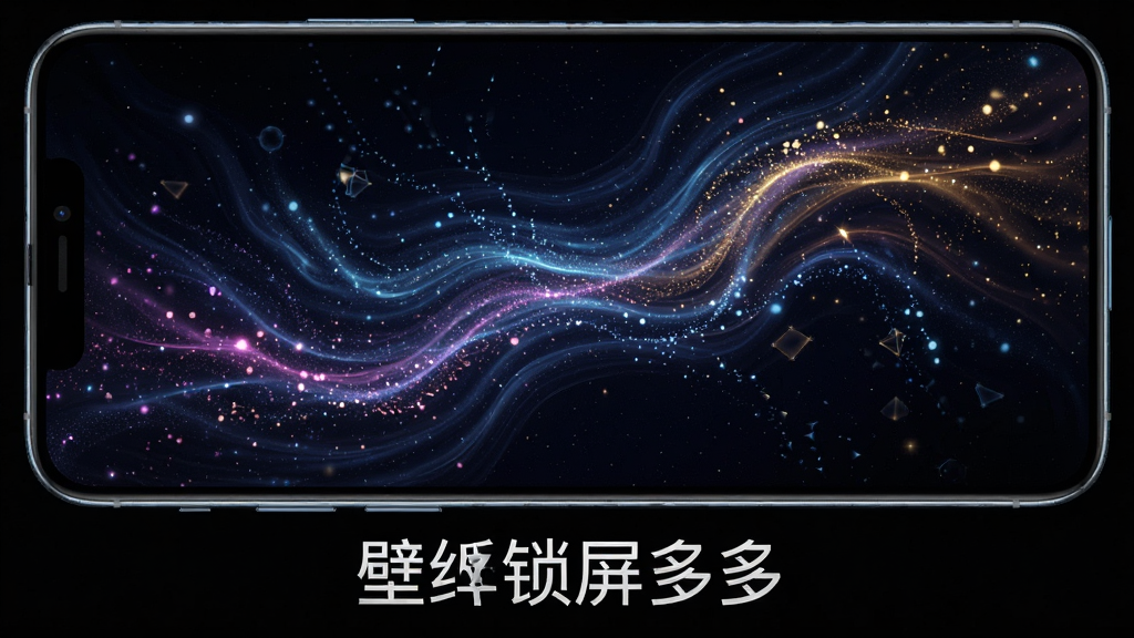 壁纸锁屏多多动态壁纸效果展示,画面中手机屏幕显示动态壁纸效果,壁纸内容为流动的星空或粒子特效,画面下方有壁纸锁屏多多软件名称,布局为居中展示,风格科技感十足,细节丰富,画质清晰,干净无多余元素
