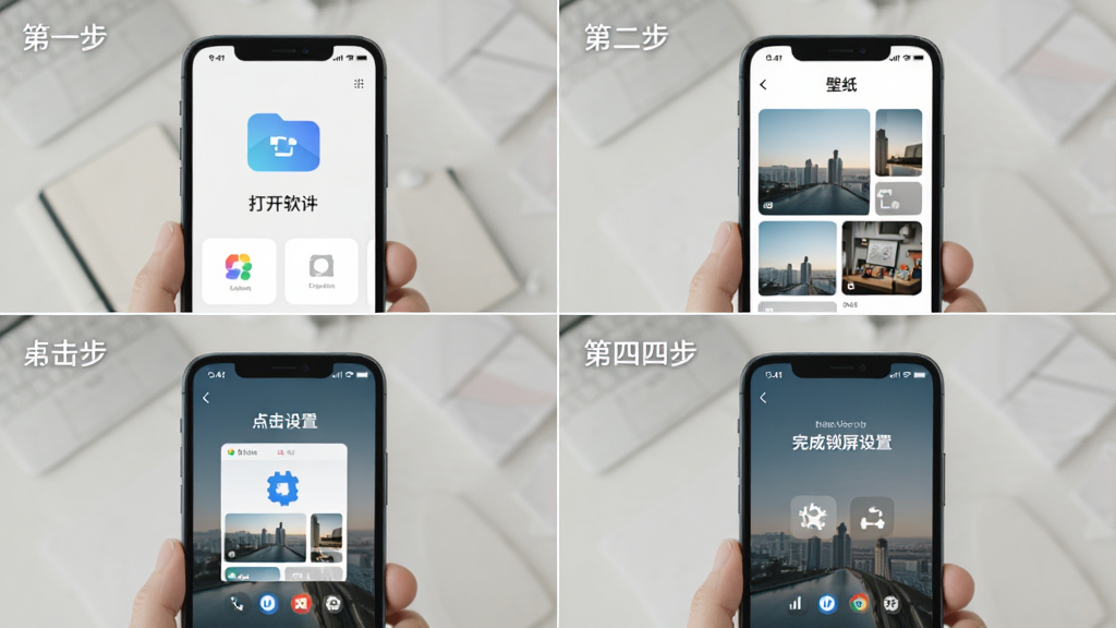 壁纸锁屏多多使用教程示意图,画面中展示手机屏幕操作步骤,第一步打开软件,第二步选择壁纸,第三步点击设置,第四步完成锁屏设置,画面布局为四格步骤图,风格简洁明了,细节清晰,画质高清,干净无多余元素