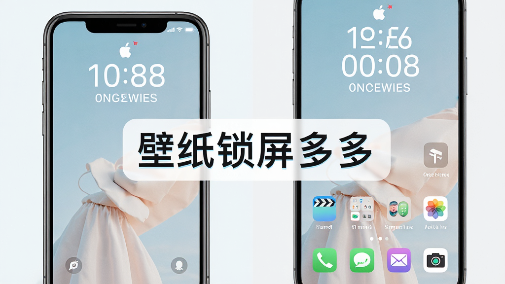 壁纸锁屏多多功能展示图,画面中展示手机锁屏界面和桌面界面并排对比,锁屏界面显示一张ins风壁纸,桌面界面显示同风格壁纸搭配,画面中间有“壁纸锁屏多多”文字标识,布局为左右对比结构,风格清新简约,细节清晰,画质高清,干净无多余元素