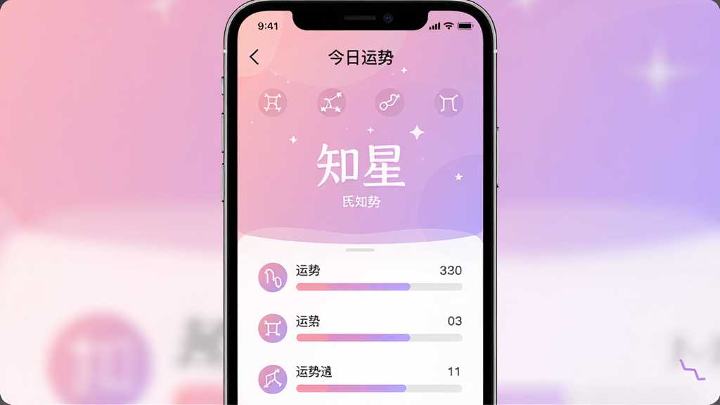 一张手机应用界面截图风格的图片,画面中央显示“知星”软件名称,背景是柔和的粉紫色渐变,界面上分布着十二星座图标和运势进度条,上方有“今日运势”字样,排版整齐,风格清新现代,画质清晰,无多余杂乱元素