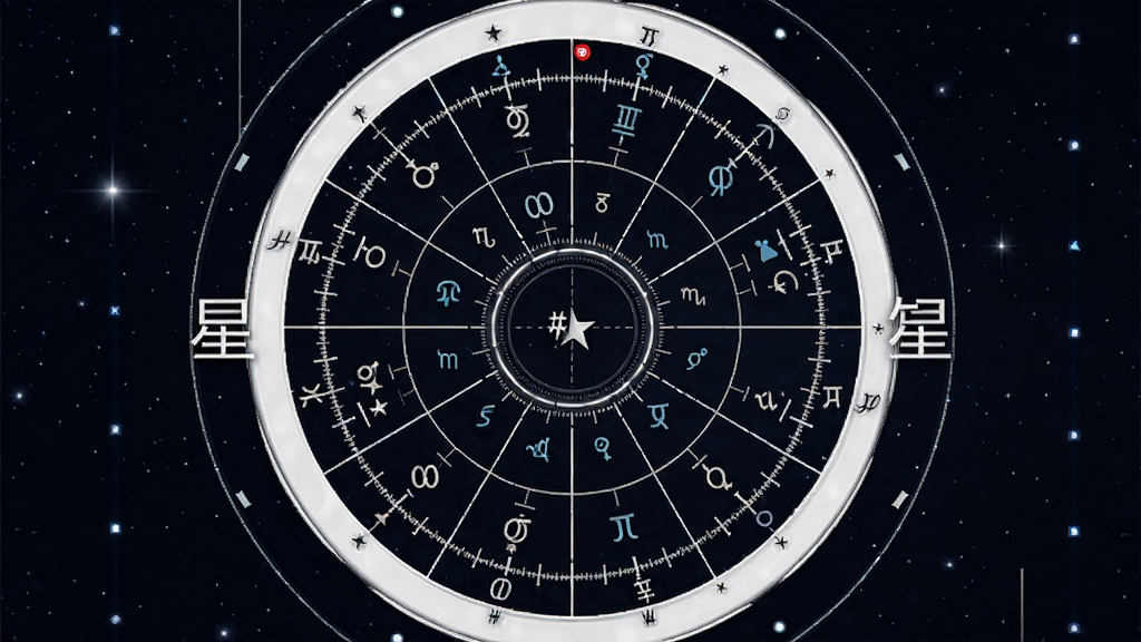 一张展示星盘图形的图片,画面中心是一个圆形星盘,盘面标注十二宫位与行星符号,周围环绕着“知星”二字,背景为深色夜空,风格专业且富有科技感,排版对称,画质高清,干净无多余元素