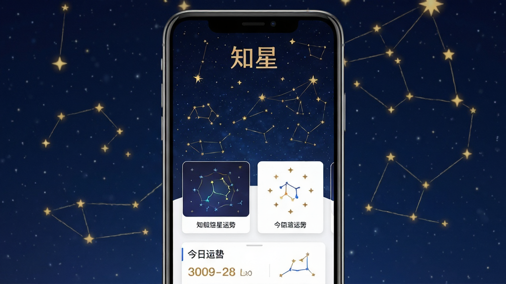 一张展示手机屏幕的图片,屏幕中央显示知星软件的主界面,上方有“知星”二字,背景是深蓝色星空,点缀着金色星星和星座连线,界面下方有星座运势卡片和今日运势评分,整体风格神秘优雅,排版清晰,画质高清,干净无多余元素