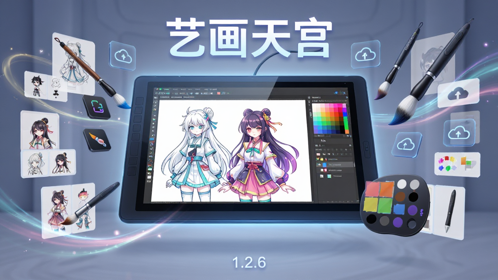 画面主体是一个充满未来感的数字绘画工作室,中央悬浮着一块发光的数位屏,屏幕上显示着绚丽的二次元角色线稿与色彩图层,周围漂浮着各种画笔图标和调色盘。布局采用中心对称构图,数位屏居中,四周环绕着素材缩略图卡片。排版上,顶部有