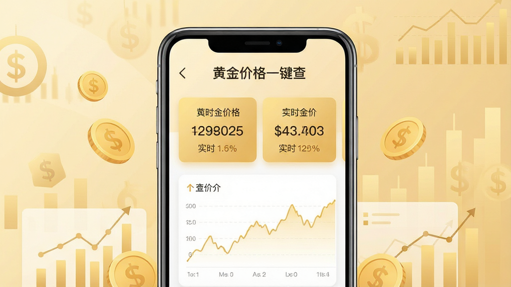 一张展示“黄金价格一键查”手机应用主界面的图片,画面中央是一部竖屏智能手机,屏幕内显示黄金价格数字卡片与走势折线图,背景为浅金色渐变与简约金融风格,布局采用居中构图,手机两侧点缀少量金币与图表元素,风格为现代扁平化UI设计,细节包含“黄金价格一键查”文字标题与实时金价数字,画质清晰干净,无多余元素