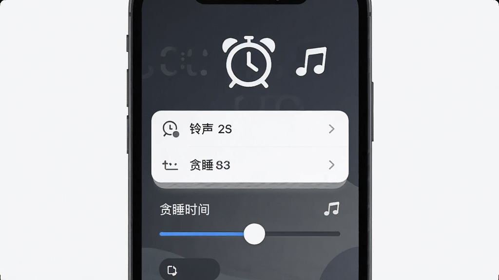 极简闹钟响铃设置界面,手机屏幕显示铃声选择列表与贪睡时间滑块,画面中出现闹钟图标和音符符号,主体为手机与设置面板,布局居中,风格扁平化,细节表现滑块与按钮质感,画质干净,无多余元素