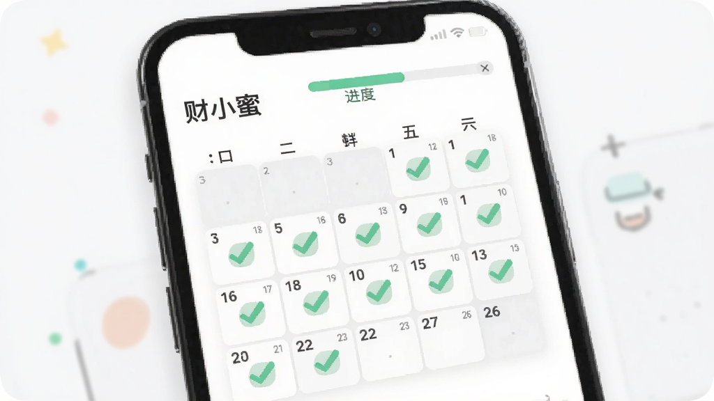 手机界面展示“财小蜜”打卡日历页面,日期格子中有绿色对勾标记,顶部有进度条,背景为白色,界面清爽,扁平插画风格,画质干净