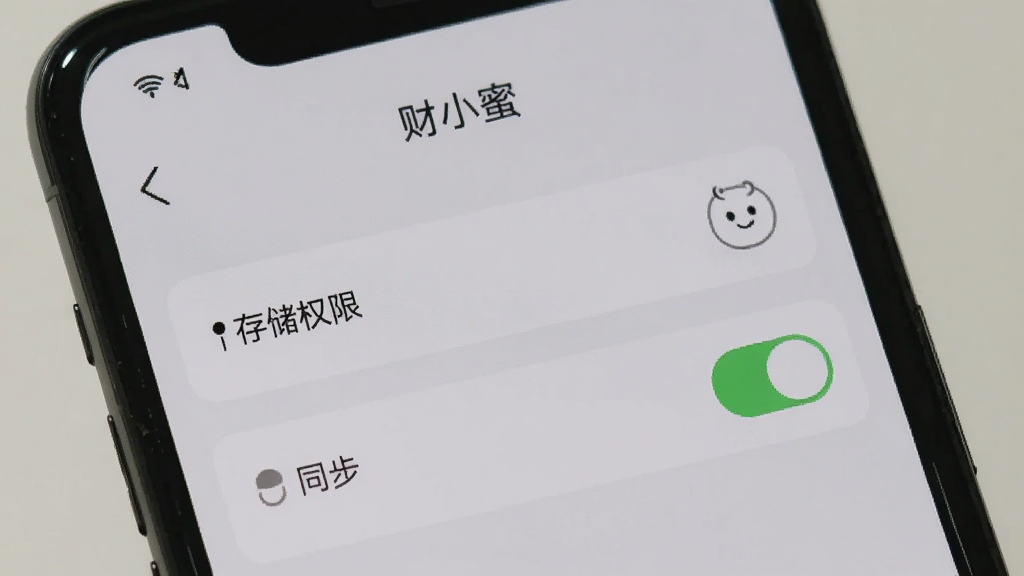 手机显示“财小蜜”设置页面,有存储权限和同步开关选项,背景为浅灰色,界面清晰,扁平风格,画质干净,无多余装饰