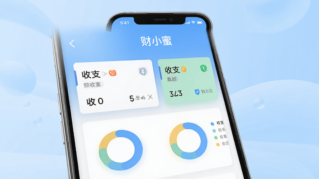 手机屏幕中央显示记账应用界面,顶部有“财小蜜”文字标识,下方排列收支卡片和圆形图表,背景为浅蓝色渐变,界面干净整洁,扁平化设计风格,高清画质,无多余元素