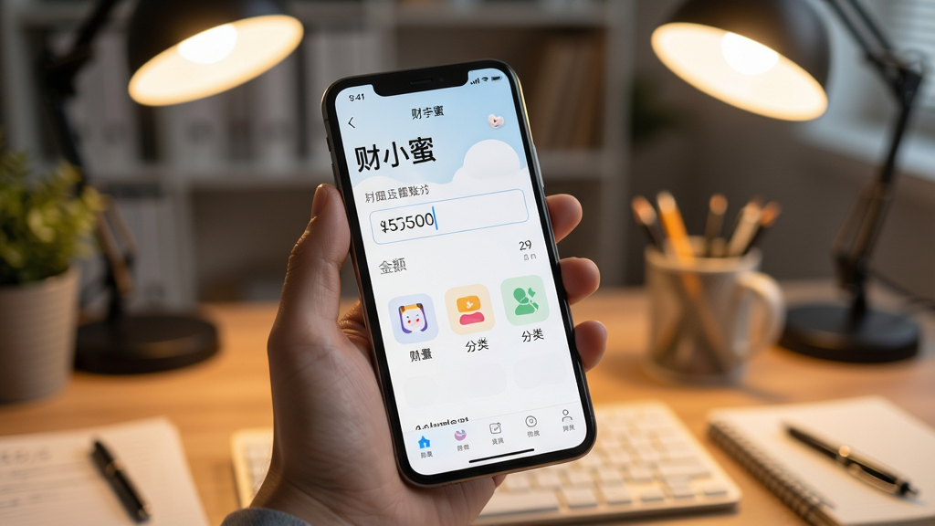 一只手拿着手机,屏幕上显示“财小蜜”记账页面,金额输入框和分类图标清晰可见,背景为办公桌面,暖色灯光,写实风格,细节丰富,画质清晰