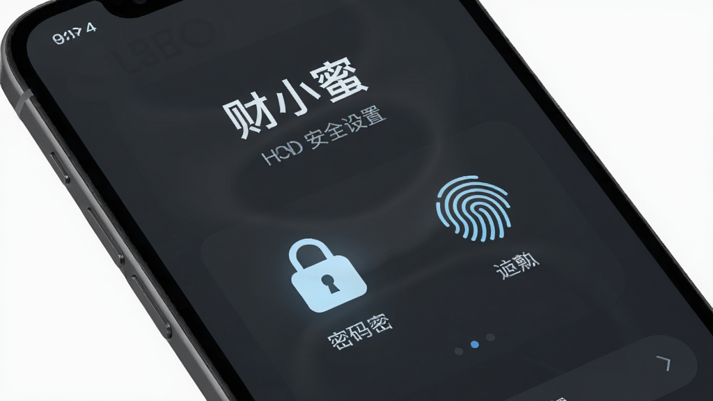 手机屏幕显示“财小蜜”安全设置页面,有密码锁和指纹图标,背景为深灰色,界面简洁,科技感风格,高清画质,无杂乱元素