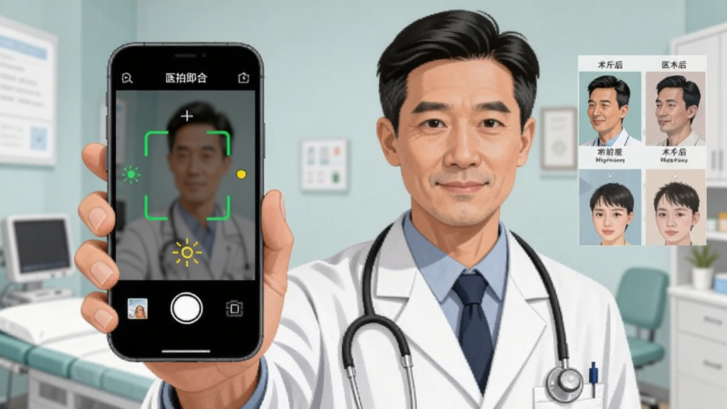 画面中一位穿着白大褂的医生手持手机,手机屏幕显示