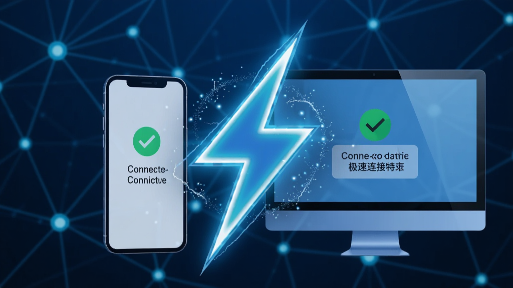 一张表现零感远控极速连接特性的概念图。主体是一个发光的闪电符号叠加在手机和电脑屏幕之间,背景是抽象的网络节点图。布局为居中构图,闪电符号位于正中央。风格为炫酷的科技蓝调,细节包括闪电周围的粒子特效和屏幕上的连接成功提示。画质清晰,干净,无多余元素。