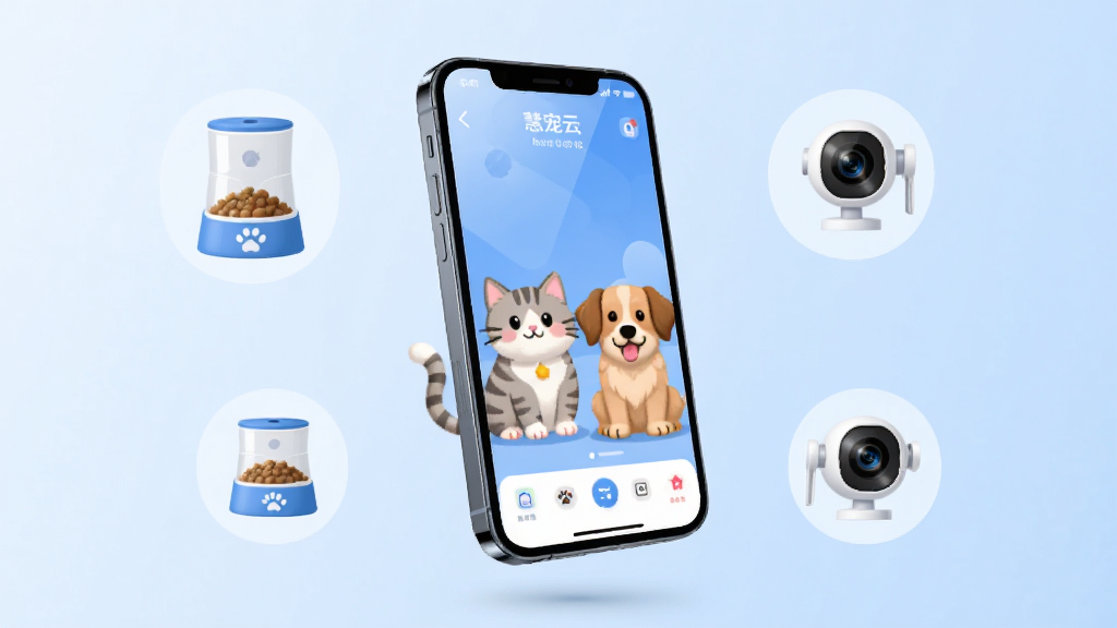 画面主体为一部智能手机,屏幕显示慧宠云APP的宠物监控界面,画面中有可爱的猫咪和狗狗形象。布局采用居中构图,手机悬浮在画面中央,周围环绕着智能喂食器、摄像头等设备图标。排版简洁清晰,风格为现代扁平化科技风,细节上手机屏幕有轻微反光,背景为柔和的浅蓝色渐变。画质高清,干净,无多余元素。