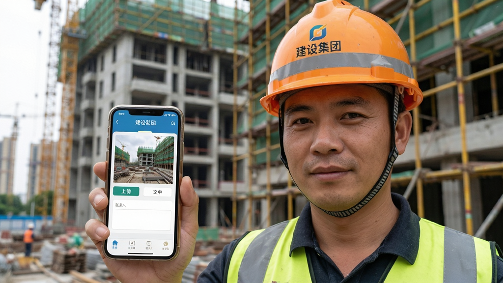 画面中央是一位头戴安全帽的施工人员,手持手机对着建筑工地进行拍摄,手机屏幕上显示建设集团APP的数据采集界面,包含照片上传和文字输入框,背景是正在施工的楼体和脚手架,整体布局为人物居中,风格为写实摄影风,细节上安全帽有反光条,手机屏幕清晰可见,画质高清,干净无多余元素,手机屏幕上有文字“建设集团”