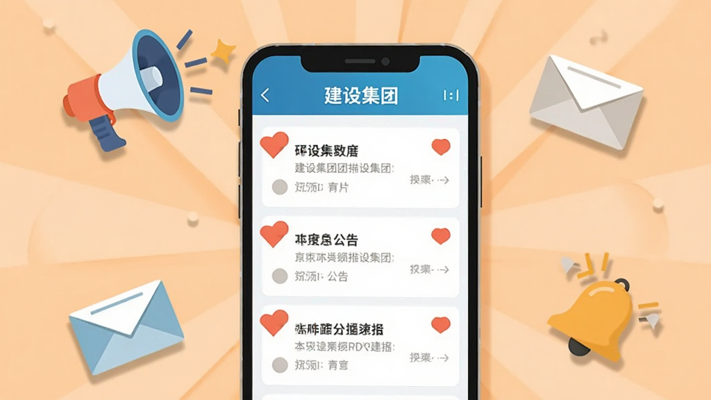 画面中央是一部手机,屏幕上显示建设集团APP的消息通知列表,包含红色未读标记和公告标题,手机周围漂浮着喇叭、信封和铃铛图标,整体布局为放射状构图,风格为活泼扁平化插画风,细节上图标带有轻微阴影,背景为浅橙色,画质清晰,无多余元素,手机屏幕上有文字“建设集团”
