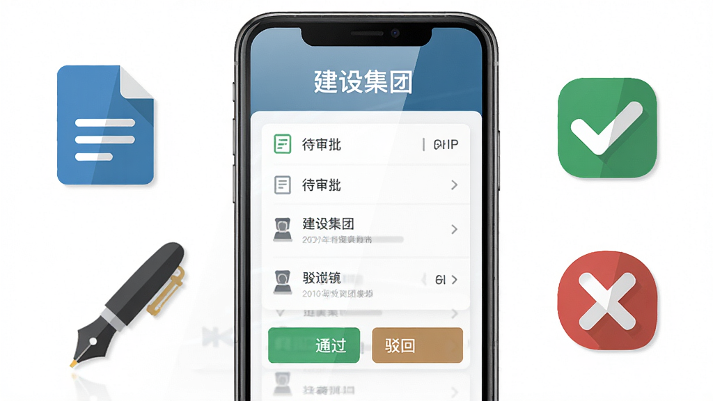 画面中央是一部智能手机,屏幕上显示建设集团APP的审批流程界面,包含待审批列表和通过驳回按钮,手机左侧有文件图标和钢笔,右侧有勾选和叉号图标,整体布局为居中偏左,风格为简洁扁平化图标风,细节上手机屏幕有轻微反光,背景为白色,画质清晰,无多余元素,屏幕上方有文字“建设集团”