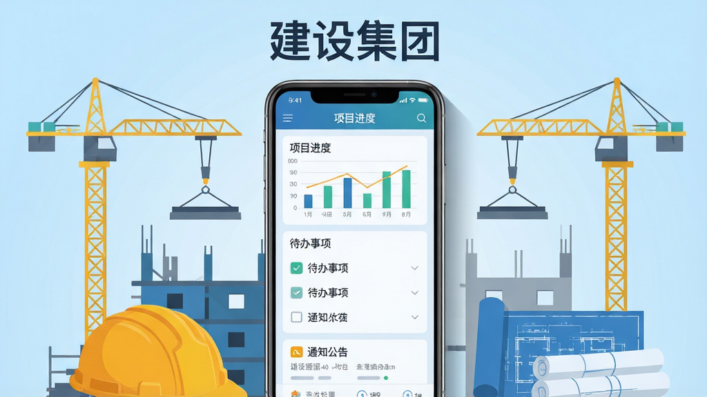 画面中央是一部智能手机,屏幕上显示建设集团APP的首页界面,界面包含项目进度图表、待办事项列表和通知公告栏,手机周围环绕着建筑工地、塔吊、安全帽和工程图纸等元素,整体布局为居中构图,风格为扁平化科技插画风,细节上手机边框带有轻微阴影,背景为浅蓝色渐变,画质清晰干净,无多余元素,图片上方有文字“建设集团”