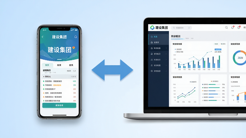 画面中央是一部手机和一台笔记本电脑并排摆放,手机屏幕上显示建设集团APP的移动端界面,电脑屏幕上显示建设集团电脑版的数据看板,两者之间用双向箭头连接,整体布局为左右并列,风格为科技商务风,细节上设备带有轻微阴影,背景为浅蓝色渐变,画质清晰,干净无多余元素,手机屏幕和电脑屏幕上均有文字“建设集团”