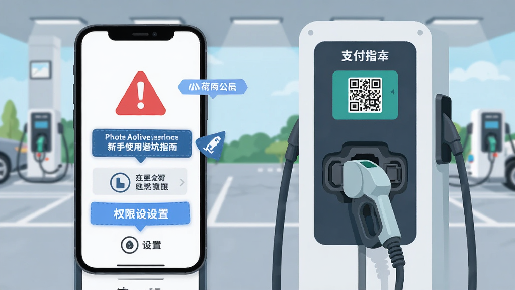 Charge Park 新手使用避坑指南示意图,画面展示手机屏幕与充电桩操作面板,屏幕上有红色警示标志与蓝色提示标签,背景为停车场环境,布局为竖版信息图风格,排版清晰分层,风格为扁平化插画,细节包含充电枪、车辆接口、支付二维码、权限设置图标,画质高清,干净,无多余元素