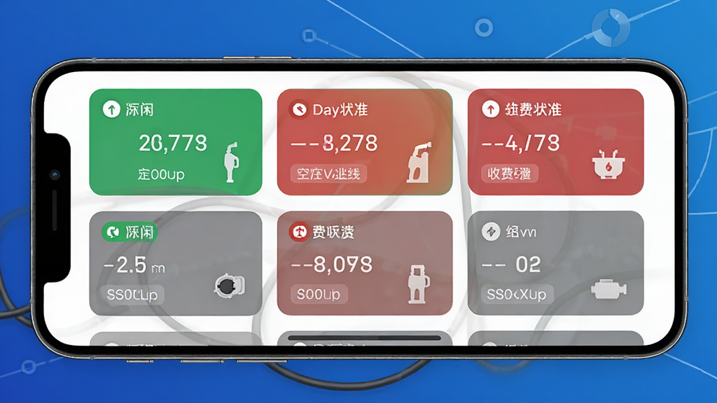 Charge Park 充电桩实时状态监控界面,画面以手机屏幕为中心,屏幕内显示多个充电桩状态卡片,绿色表示空闲、红色表示占用、灰色表示离线,背景为简洁的蓝色渐变科技风格,布局为横版展示,排版整齐有序,风格为现代UI设计,细节包含充电功率数字、收费标准标签、接口类型图标,画质高清,干净,无多余元素