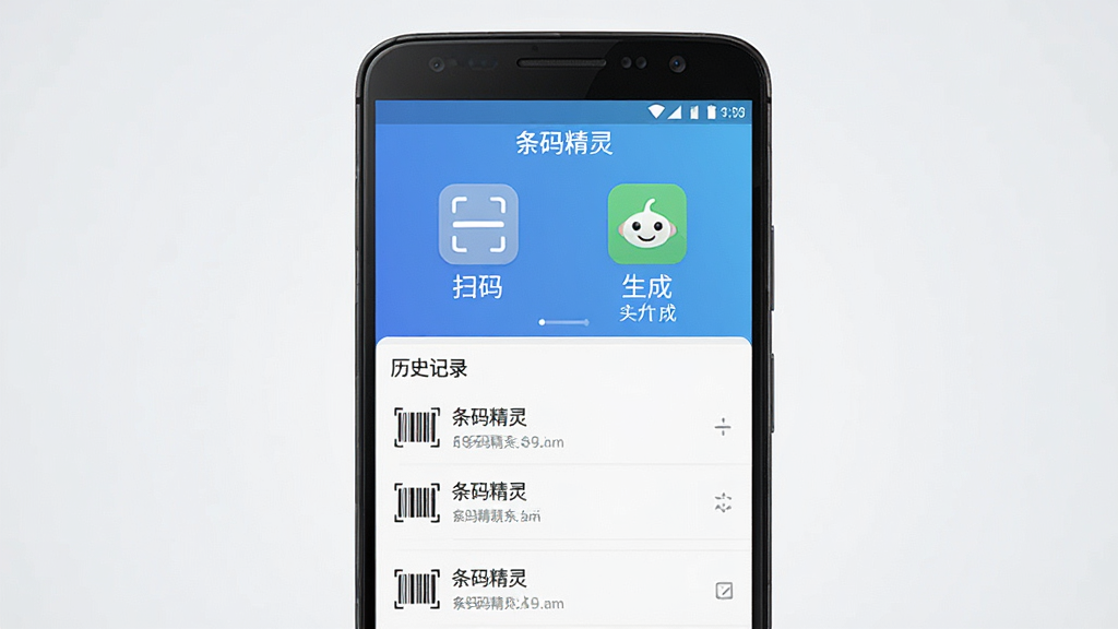 一张展示条码精灵软件主界面的手机预览图,画面中央是一部安卓手机,屏幕显示条码精灵应用首页,上方有扫描和生成两大功能入口图标,下方排列着历史记录列表,背景为干净的浅灰渐变,整体风格简洁明快,画质清晰,细节丰富,无多余元素,图中文字显示“条码精灵”。