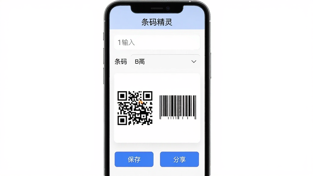 手机屏幕展示条码精灵的条码生成界面,画面中有一个输入框和条码类型下拉菜单,下方预览区域显示已生成的二维码和条形码图案,旁边有保存和分享按钮,整体布局清晰,风格简约,图中包含“条码精灵”文字标识。