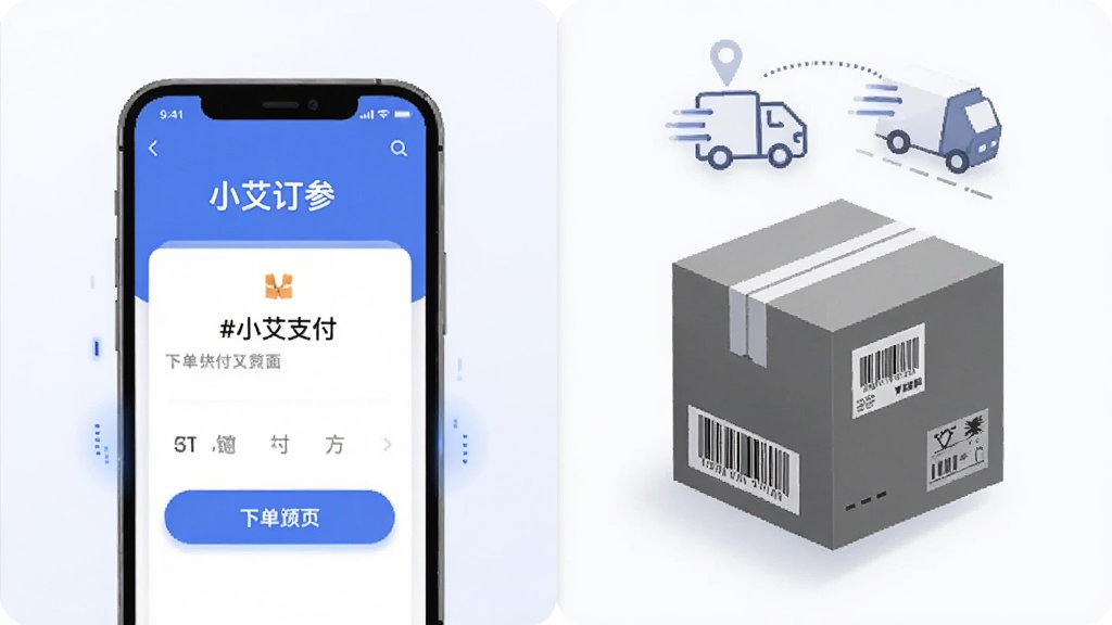 画面分为左右两部分,左侧为手机界面展示“小艾订参”的下单支付页面,右侧为快递包裹与物流追踪图标。布局采用对比式构图,左手机右包裹。风格为现代科技感插画风格,细节上手机界面按钮高亮,包裹上有物流条码。画质清晰,干净,无多余元素。