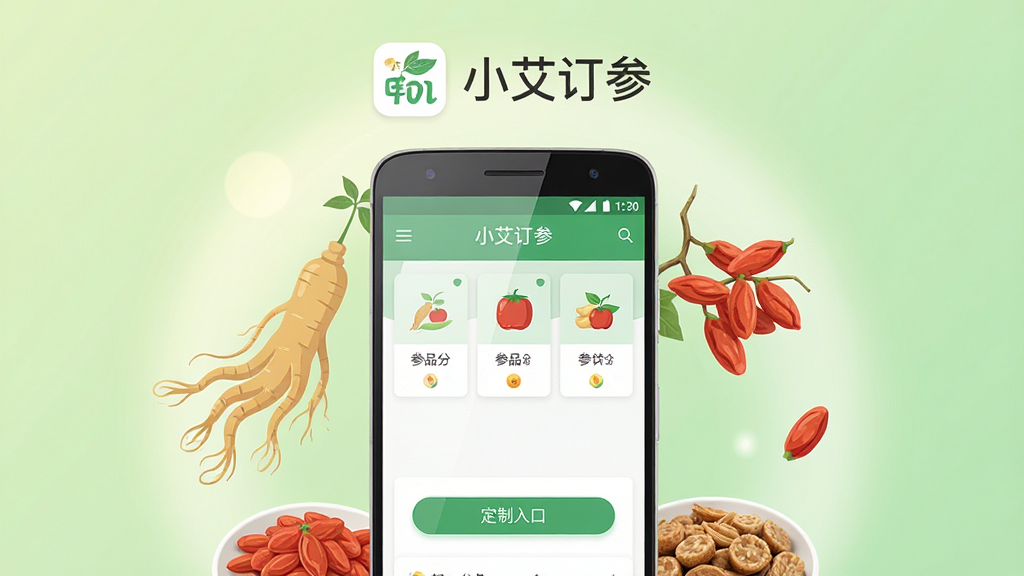 画面中央是一部安卓手机,手机屏幕上显示“小艾订参”应用的主页界面,界面中包含参品分类卡片和定制入口按钮。手机周围环绕着人参、枸杞等滋补品元素,背景为柔和的浅绿色渐变。整体布局为居中构图,上方留白放置应用Logo文字。风格为清新简约的扁平化UI展示风格,细节上手机屏幕有轻微反光,背景有柔和光晕。画质清晰,干净,无多余元素。