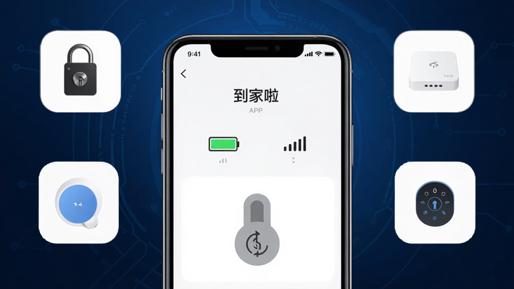 画面中央一部手机屏幕显示“到家啦”APP的设备状态页面,有电池电量图标、网络信号图标、锁舌状态示意图,手机周围环绕着智能门锁、网关等设备图标,背景为深蓝色科技感渐变,风格简约现代,细节清晰,画质干净,无多余元素
