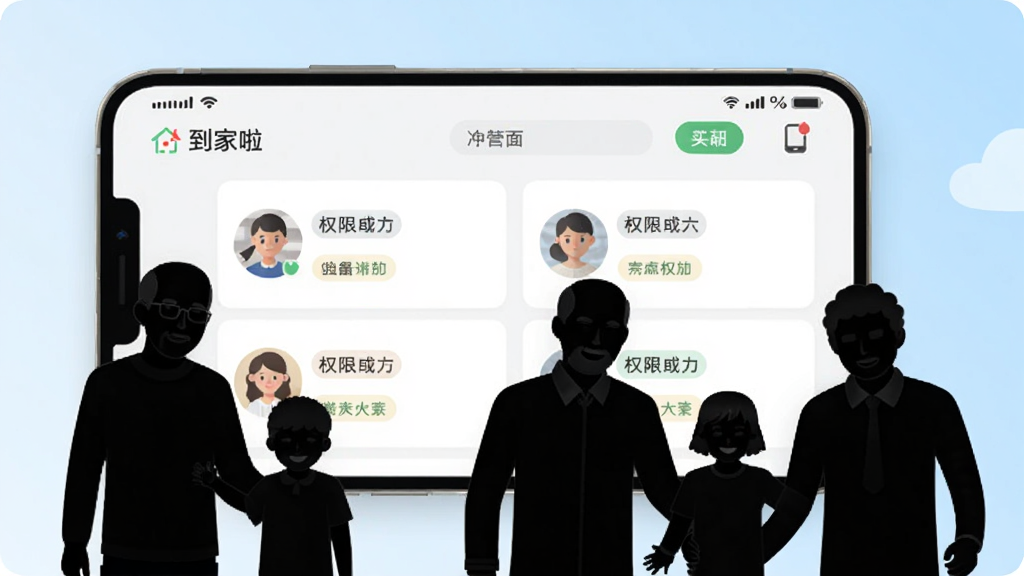 画面中一部手机横屏展示“到家啦”APP的用户管理界面,界面上有多个用户头像和权限标签,手机旁边有几位不同年龄的家庭成员剪影,背景为浅蓝色渐变,整体风格清新扁平化,细节清晰,画质干净,无多余元素