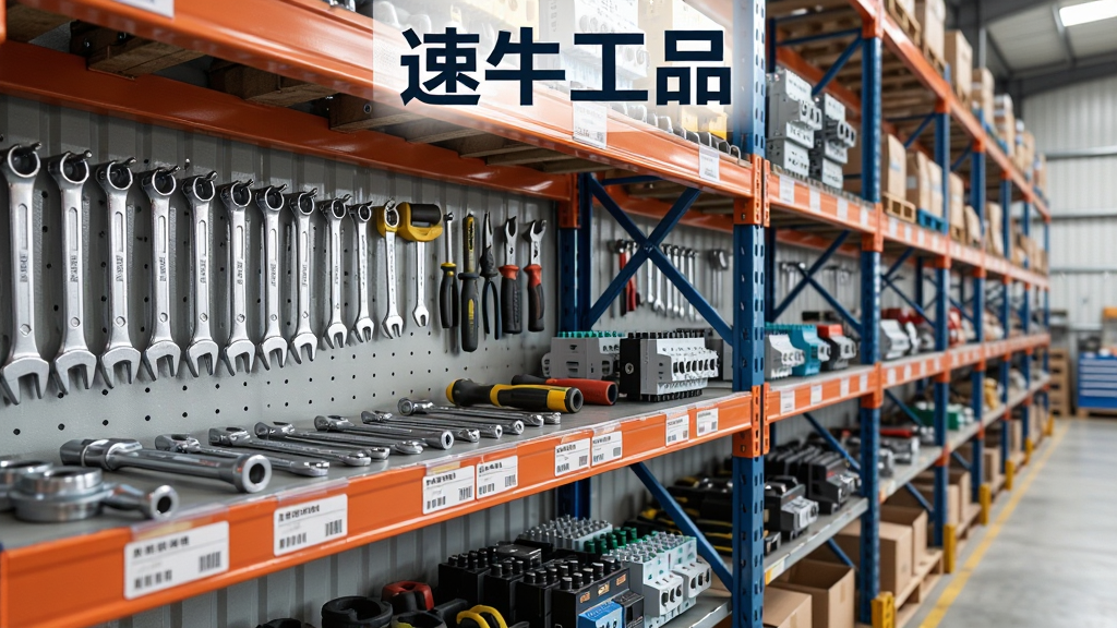 画面主体为整齐排列的工业零件货架,货架上摆放各种五金工具和电气元件;布局采用三分法构图,货架延伸至画面深处;排版上方中央有“速牛工品”文字标识;风格为明亮写实的仓储摄影风;细节包括金属光泽、标签清晰可见;画质高清,画面干净,无多余元素