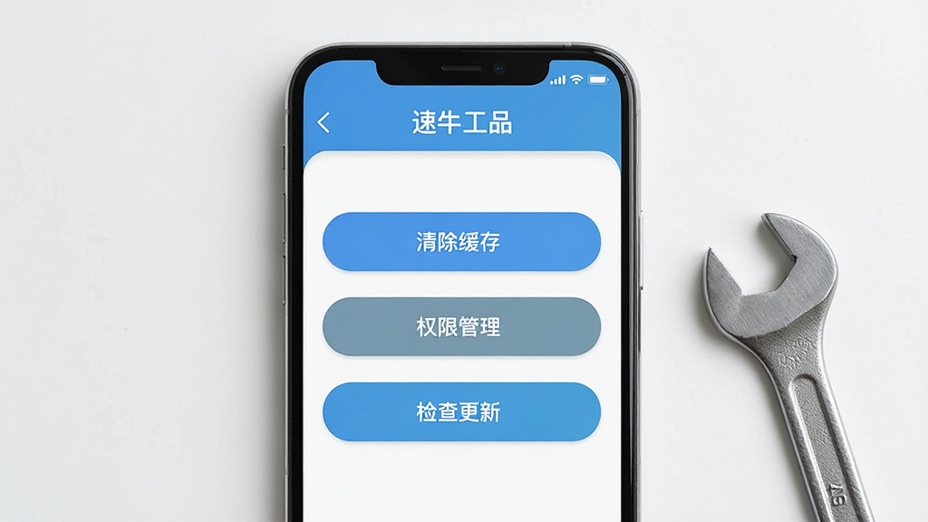 画面主体为手机屏幕显示“速牛工品”设置界面,界面中有“清除缓存”“权限管理”“检查更新”等选项;布局为竖版居中,手机旁放置一把小扳手作为装饰;风格为简洁实用工具风;细节包括界面文字清晰、按钮圆角;画质高清,画面干净,无多余元素
