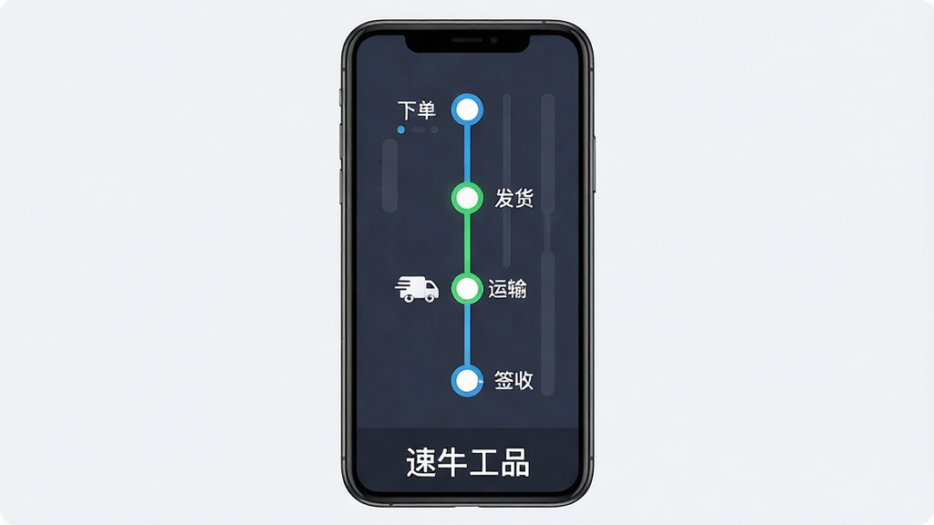 画面主体为手机屏幕显示订单追踪时间轴界面,时间轴上有“下单”“发货”“运输”“签收”等节点;布局为竖版居中,手机下方有“速牛工品”文字;风格为扁平化UI展示风;细节包括时间轴圆点高亮、进度条清晰;画质高清,画面干净,无多余元素