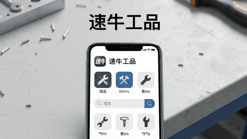 画面主体是一部智能手机,手机屏幕上显示“速牛工品”应用界面,界面包含商品分类图标和搜索栏;布局采用居中构图,手机置于画面中央,背景为浅灰色工业风工作台;排版简洁,上方留白放置应用名称文字“速牛工品”;风格为现代科技写实风;细节上手机边缘有轻微反光,屏幕内可见扳手、螺丝等小图标;画质高清,画面干净,无多余元素
