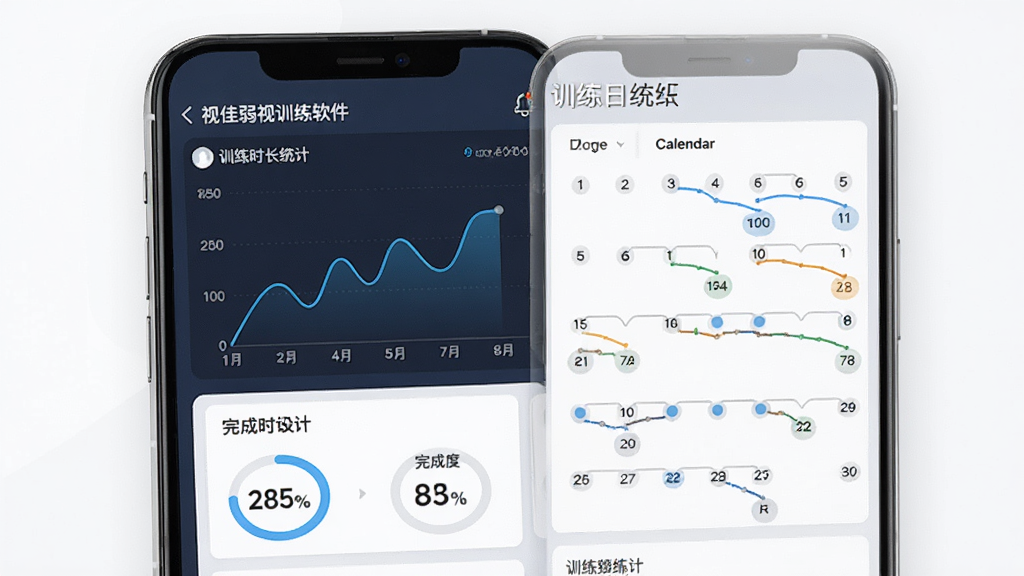 一幅AI生成的图片,画面为视佳弱视训练软件的数据统计页面,主体是手机屏幕显示折线图和训练日历,布局为纵向排列,排版整洁,风格为简约商务风,细节包括训练时长统计、完成度百分比和日期标记,画质清晰,干净,无多余元素