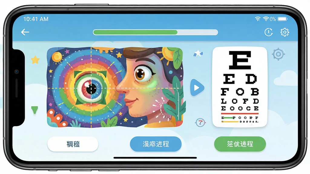 一张展示视佳弱视训练软件界面的手机屏幕截图,主体为手机正视图,屏幕中显示色彩鲜明的视觉训练图案和操作按钮,布局居中,排版简洁,风格为现代医疗健康类APP界面,细节包括顶部状态栏、训练进度条和卡通视力表元素,画质清晰,干净,无多余元素