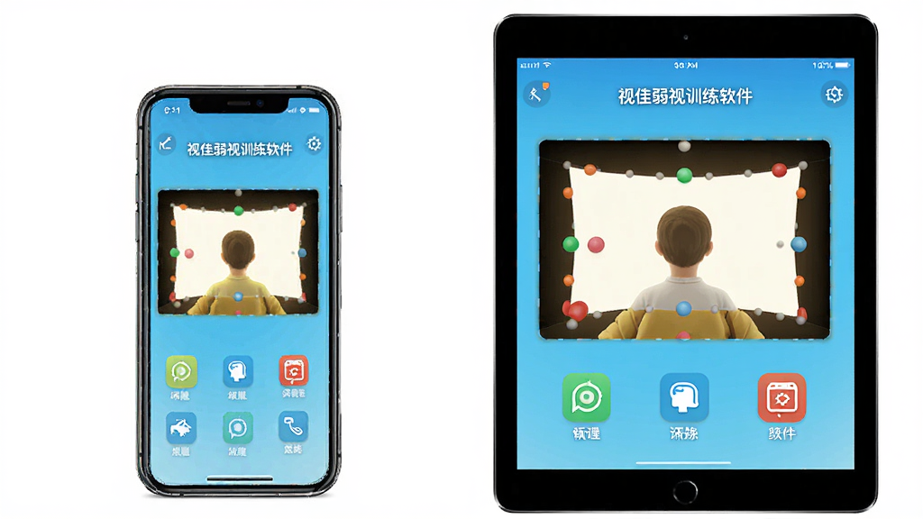 AI生成图片,展示视佳弱视训练软件在手机和平板两种设备上的运行画面,主体为两台设备并排展示,布局为左右对比,排版对称,风格为科技产品展示风,细节包括设备边框、屏幕内的训练界面和清晰的图标,画质高清,干净,无多余元素