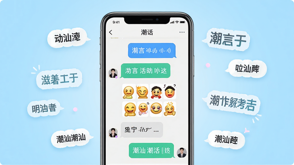一张展示潮话软件界面的手机模型图,画面中央是一部竖屏智能手机,手机屏幕上显示“潮话”聊天界面,界面中有方言语音气泡、方言表情包和潮汕话文字,背景是浅蓝色渐变,周围漂浮着不同地区的方言词汇标签,整体风格清新活泼,细节清晰,画质干净,无多余元素