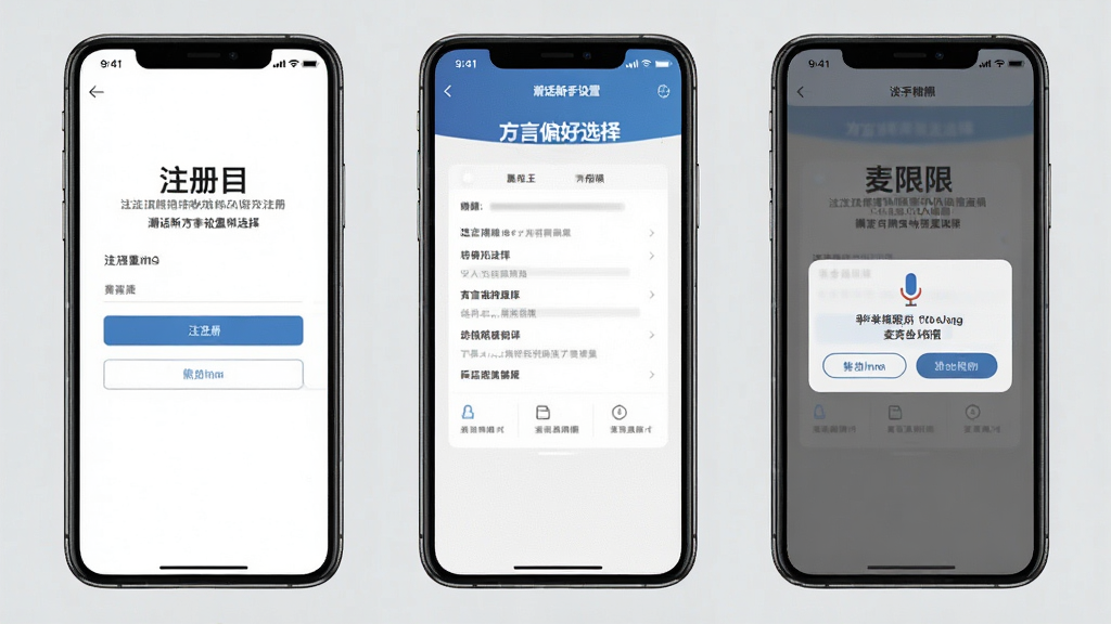 一张展示潮话新手设置流程的手机截图组合图,画面中有三部手机并排展示,分别显示注册页面、方言偏好选择和麦克风权限弹窗,背景是浅灰色,风格简洁商务,细节清晰,画质干净,无多余元素