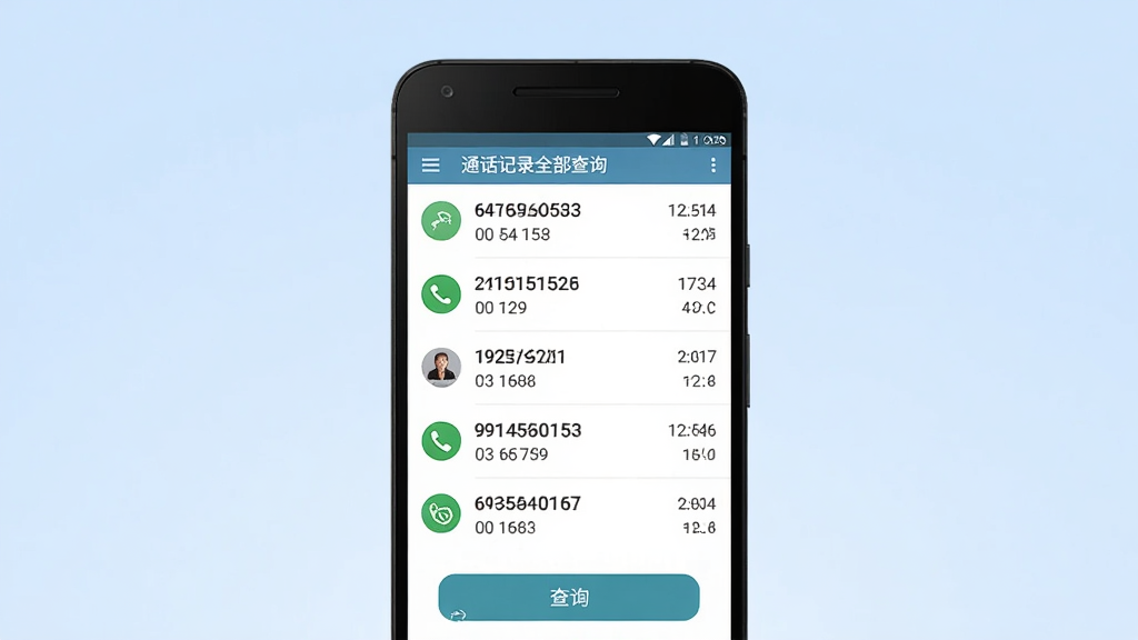 一张手机屏幕展示通话记录列表的界面图,画面中央是一部黑色安卓手机,手机屏幕显示多条通话记录条目,包含电话号码、通话时间和通话时长,手机下方有查询按钮,背景为浅蓝色渐变,整体风格简洁干净,排版居中,画质清晰,无多余元素,图中文字为“通话记录全部查询”